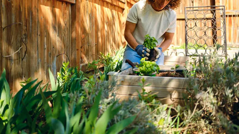 Person carefully tending to plants in a wooden raised garden bed in a backyard setting