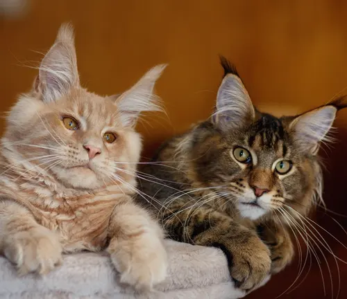 Two Maine Coon cats sitting on a cat tree, showcasing their intelligence and enjoying their elevated perch.