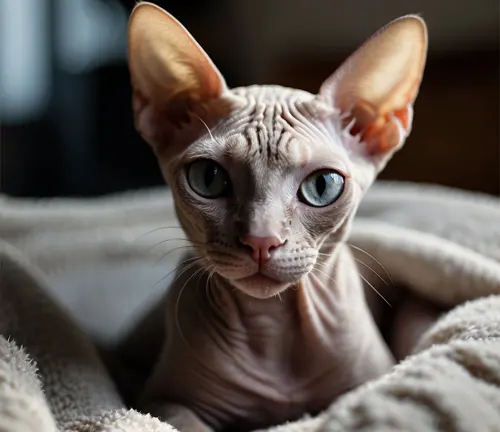 A hairless Sphynx cat with unique facial features, including large ears, wrinkled skin, and expressive eyes.
