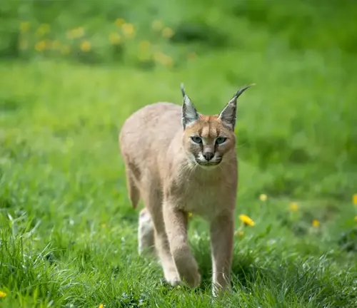 A Caracal, a medium-sized wild cat, resting on a rocky terrain in its preferred habitat.