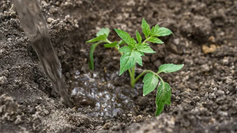 Water being poured into the soil near a young tomato plant to irrigate it after planting.

