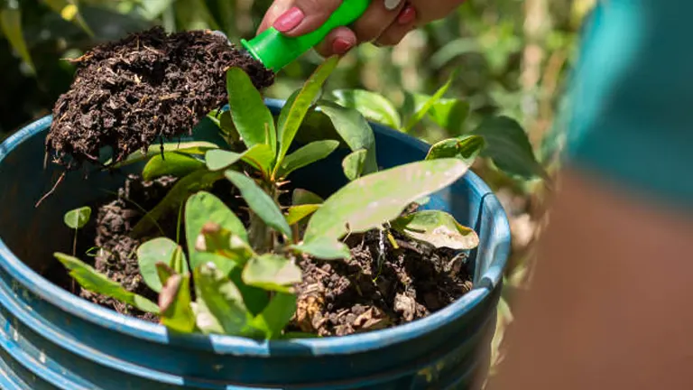 A person's hand using a green trowel to add compost to a potted plant with vibrant green leaves in a blue container, outdoors in bright sunlight.