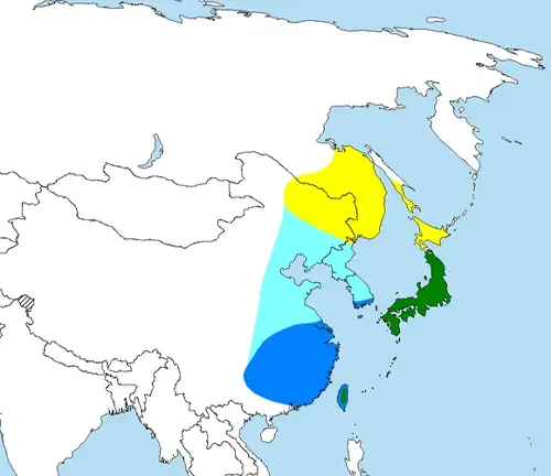"Color-coded map of Asia displaying countries, with Mandarin Duck distribution."