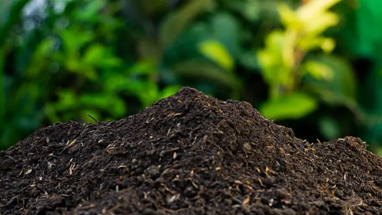 A close-up of a heap of fertile, dark compost soil with a backdrop of lush greenery.
