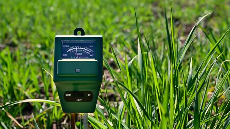 A soil moisture, light, and pH meter inserted into the ground amidst growing grass, with clear readings visible, indicating the measurement of soil conditions in a garden or farm.
