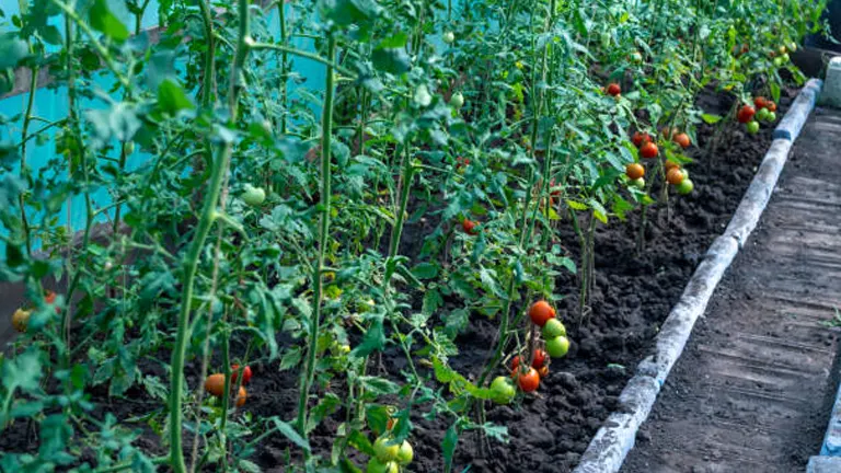 A row of tomato plants with varying ripeness of fruits, staked and aligned in rich soil within a greenhouse structure.