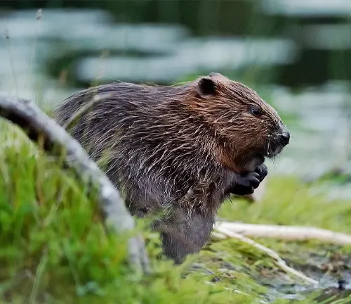A North American Beaver standing in grass near water.
