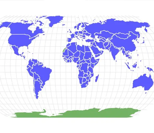 A world map with countries highlighted in blue.