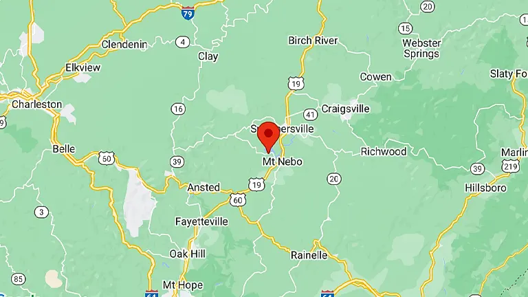 Map view centered on Summersville, West Virginia, with a prominent red pin over Summersville. Surrounding areas include Mt. Nebo, Ansted, and various roadways such as Route 19 and Route 60 amidst a backdrop of green indicating forested terrain.