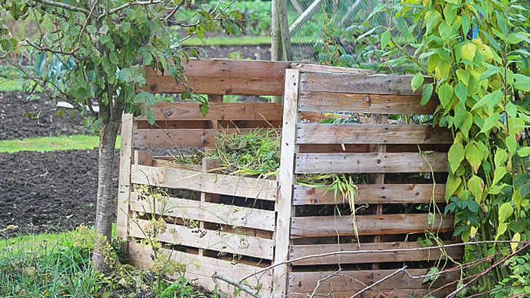 A wooden compost bin filled with garden waste, nestled among trees and a freshly tilled soil bed in the background.