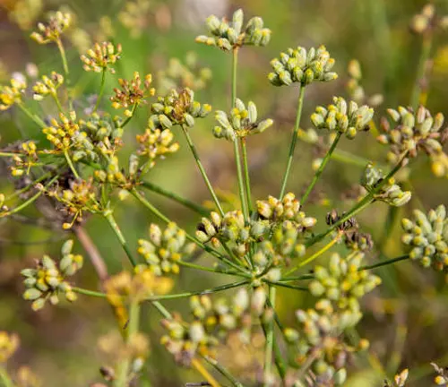 A close-up of fennel flower heads with tiny yellow blossoms maturing into seeds.