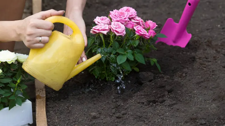 Hands watering a bush of pink roses with a yellow watering can, next to a purple trowel in the soil.