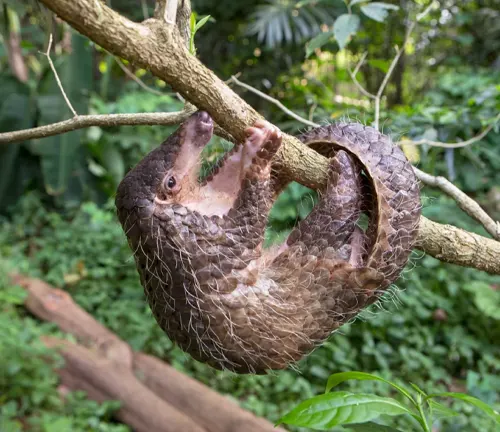 A Chinese Pangolin, a small animal, hanging on a tree branch in diverse habitats.