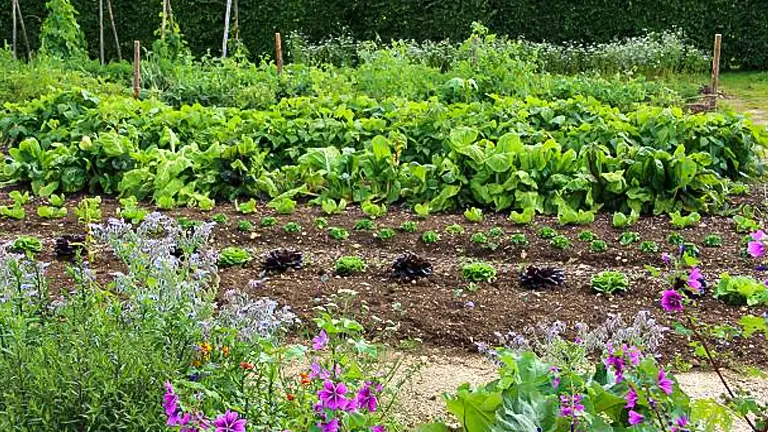 A lush kitchen garden with rows of healthy lettuce and other vegetables interspersed with vibrant purple flowers, bordered by natural greenery, showcasing biodiversity in home gardening.