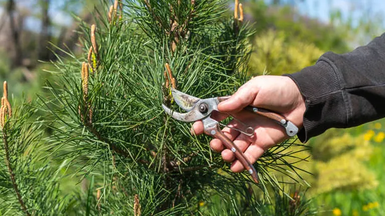 A hand holding a pair of pruning shears is about to trim a pine tree branch, with new pine cones and bright green foliage in the background.