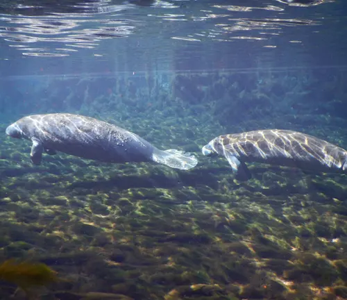 Two manatees swimming in clear, shallow water with a view of the underwater vegetation