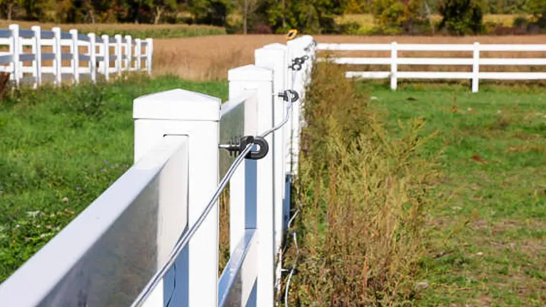 A white vinyl fence with rectangular posts lines a rural field, with an electric fence wire running along the top, on a sunny day with autumn foliage in the background.