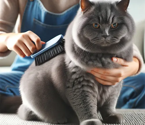 A woman grooming a British Shorthair cat with a brush to meet its grooming needs.