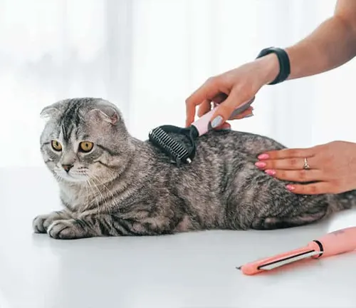 A person gently brushes a Scottish Fold cat, attending to its grooming needs with care and precision.
