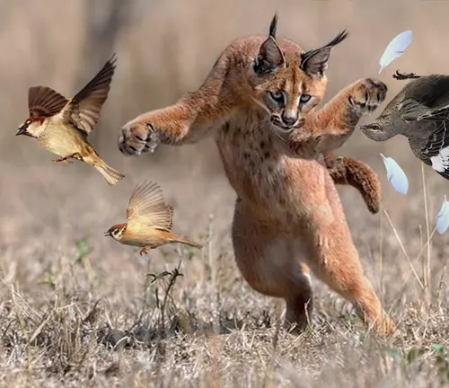 A Caracal cat fiercely battles birds in a field, showcasing its impressive hunting techniques.