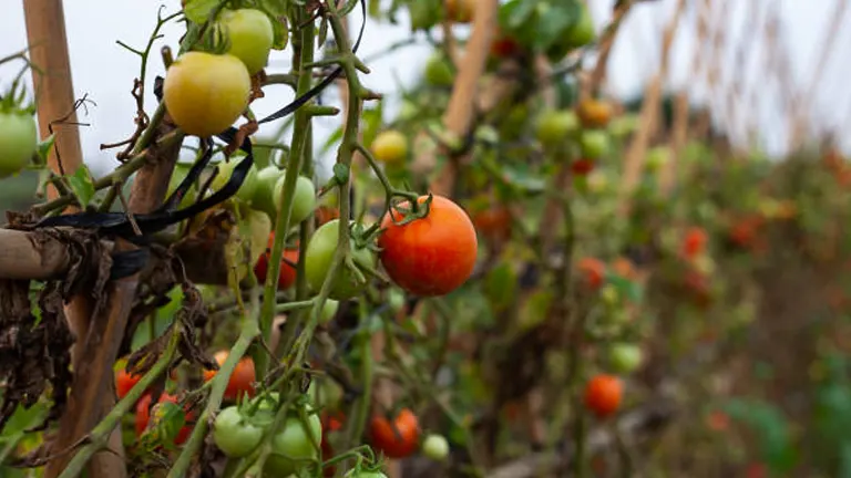 A row of tomato plants with a mix of green and ripening red tomatoes supported by bamboo stakes in a garden or farm setting.
