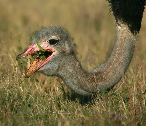 An ostrich, known as "Common Ostrich", munching on grass in its natural habitat.