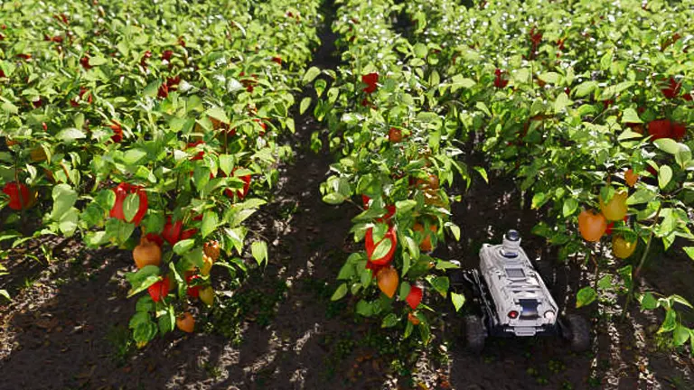 Agricultural robot moving between rows of bell pepper plants with ripe fruit, showcasing modern farming technology.