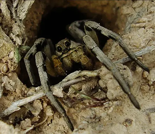 Wolf spider displaying hunting behavior, crouched on the ground with legs extended, ready to pounce on prey.