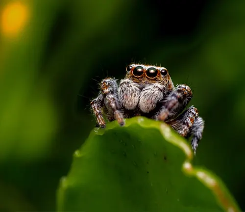 A "Jumping Spider" perches on a leaf, showcasing its remarkable behavioral traits.