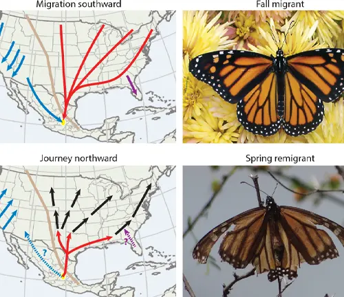 Map showing USA and Canada with Monarch Butterfly migration route.