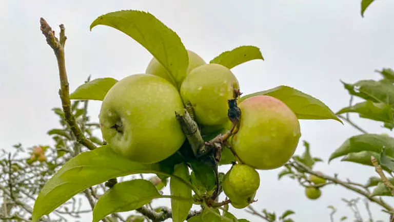 Cluster of young, green apples developing on a branch, with a misty backdrop.
