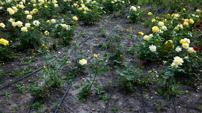 Rows of yellow rose bushes with an irrigation system on a cultivated garden plot.
