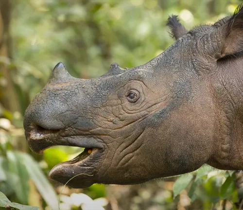 A Sumatran rhinoceros in the jungle, with its mouth wide open, showcasing its communication methods.