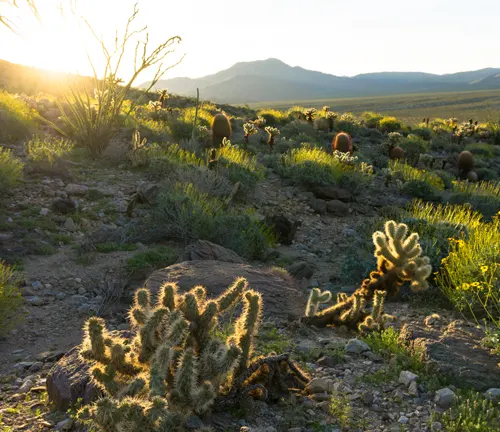 A desert landscape at sunrise with sunlight highlighting the contours of cacti and desert flora.
