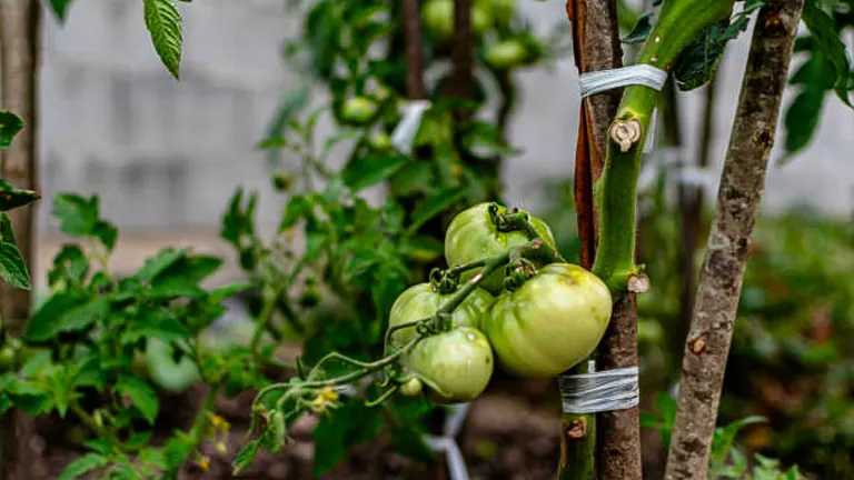 Unripe green tomatoes clumped together on the vine, secured to a wooden stake with ties for support in a garden.

