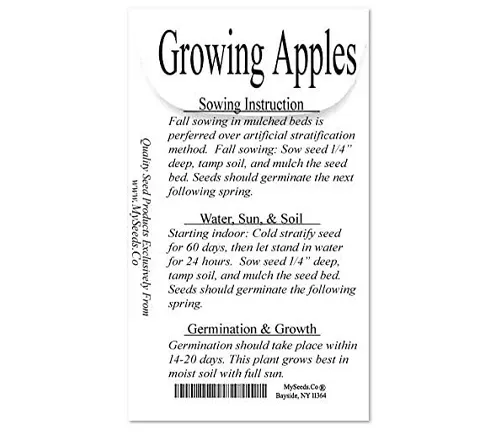 Label with instructions for planting apple seeds, detailing soil preparation, seed sowing depth, and germination timing. Suitable for moist soil and full sun exposure.