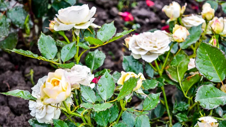 Fresh white roses with a tinge of yellow at the center, covered in raindrops and surrounded by lush green leaves, set against dark, moist soil.