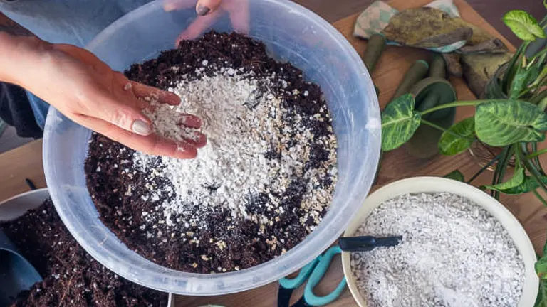 A gardener's hands mixing perlite into soil in a clear bowl, with gardening tools and plants on a wooden surface, preparing for planting.