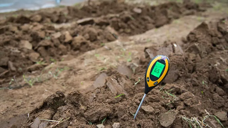 A soil pH meter with a digital display reading '6.5' inserted into the earth, with upturned soil in the background, indicating a neutral soil condition suitable for gardening.