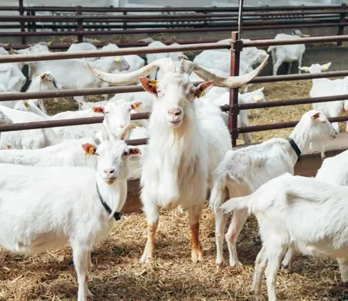 A group of Saanen goats in a pen, surrounded by hay. Discover the benefits of raising Saanen goats.