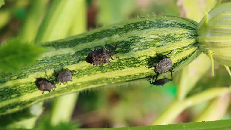 Brown marmorated stink bugs on the stem of a plant, indicative of a potential pest issue in the garden.