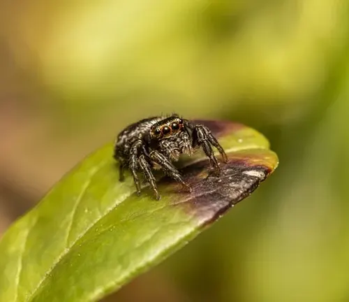 A jumping spider perched on a leaf.