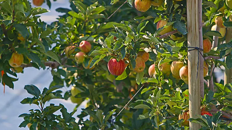 Braeburn apple tree laden with ripe apples, supported by a wooden stak