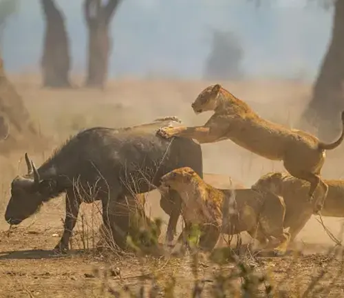 Lions and buffalo fiercely clash in the wild during a hunting encounter in Northeast Congo.