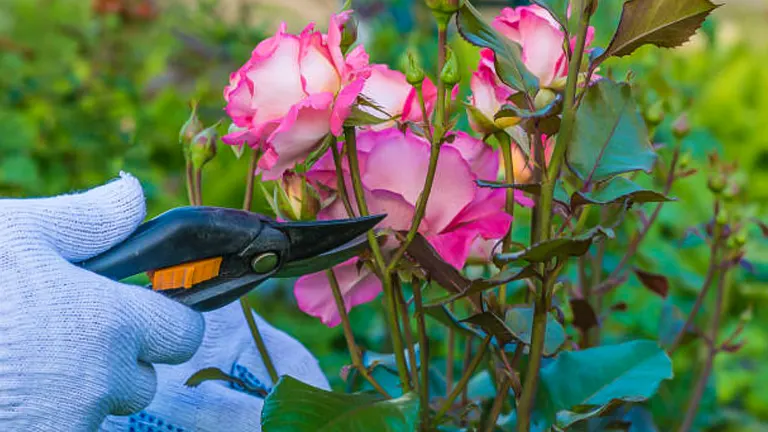 Hand in a white glove using pruning shears on a pink rose bush in a garden.
