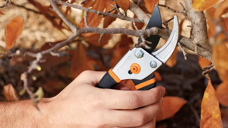 A person's hands using Fiskars Pruning Shears to trim a branch from a tree with autumn leaves.