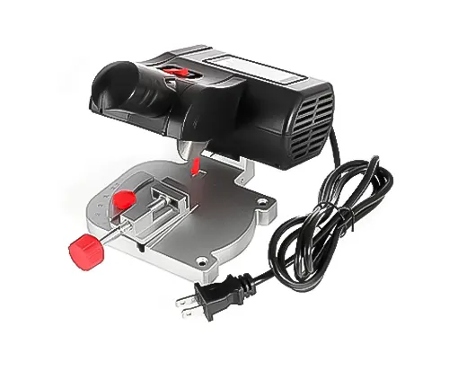 Compact BEAMNOVA Mini Miter Saw with a black body and silver table, power cord attached