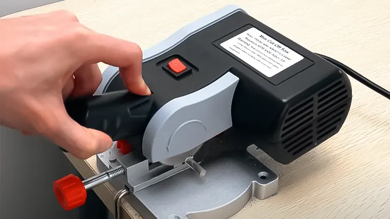 Hand operating a BEAMNOVA Mini Miter Saw on a wooden surface