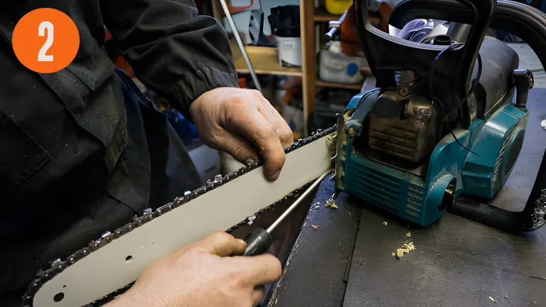 person in a workshop sharpening a chainsaw blade