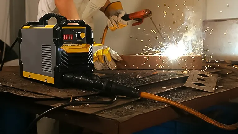 Arc welding machine on a workbench with sparks flying